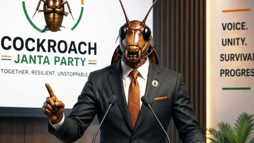 Person wearing a cockroach mask in a dark suit giving a speech at a podium with a'Cockroach Janta Party' banner in the background.